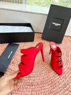 YSL 26ss Pointed High Heels Sandals 110 Red Silk Leather 648790