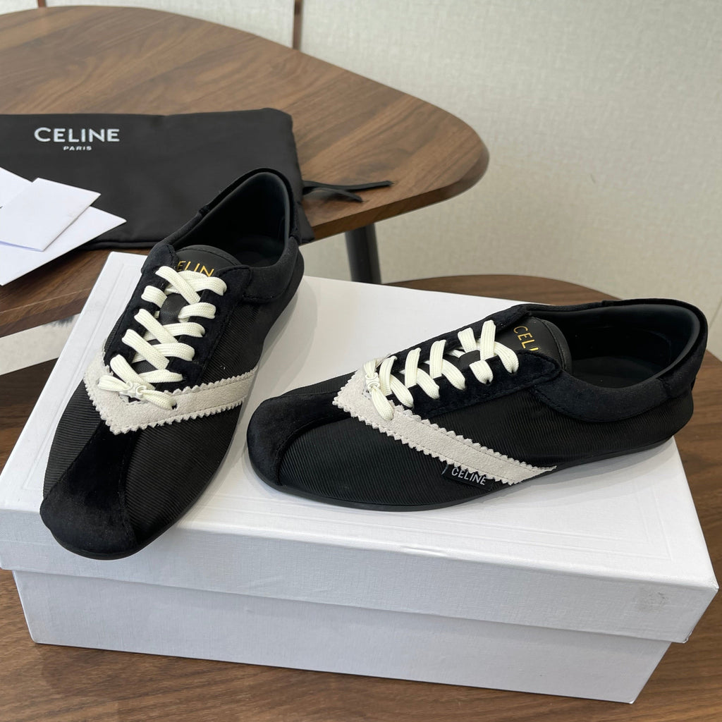 Celine 26 Flat Sneaker Black White Canvas Suede 624714