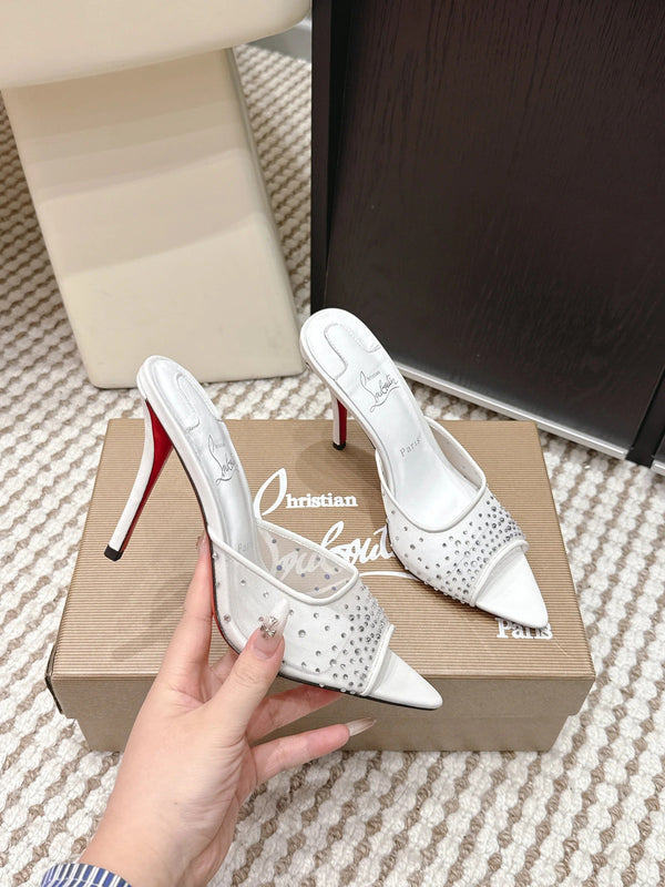 CL 26SS High-Heeled Slippers 100 White Mesh Rhinestone Leather 658052