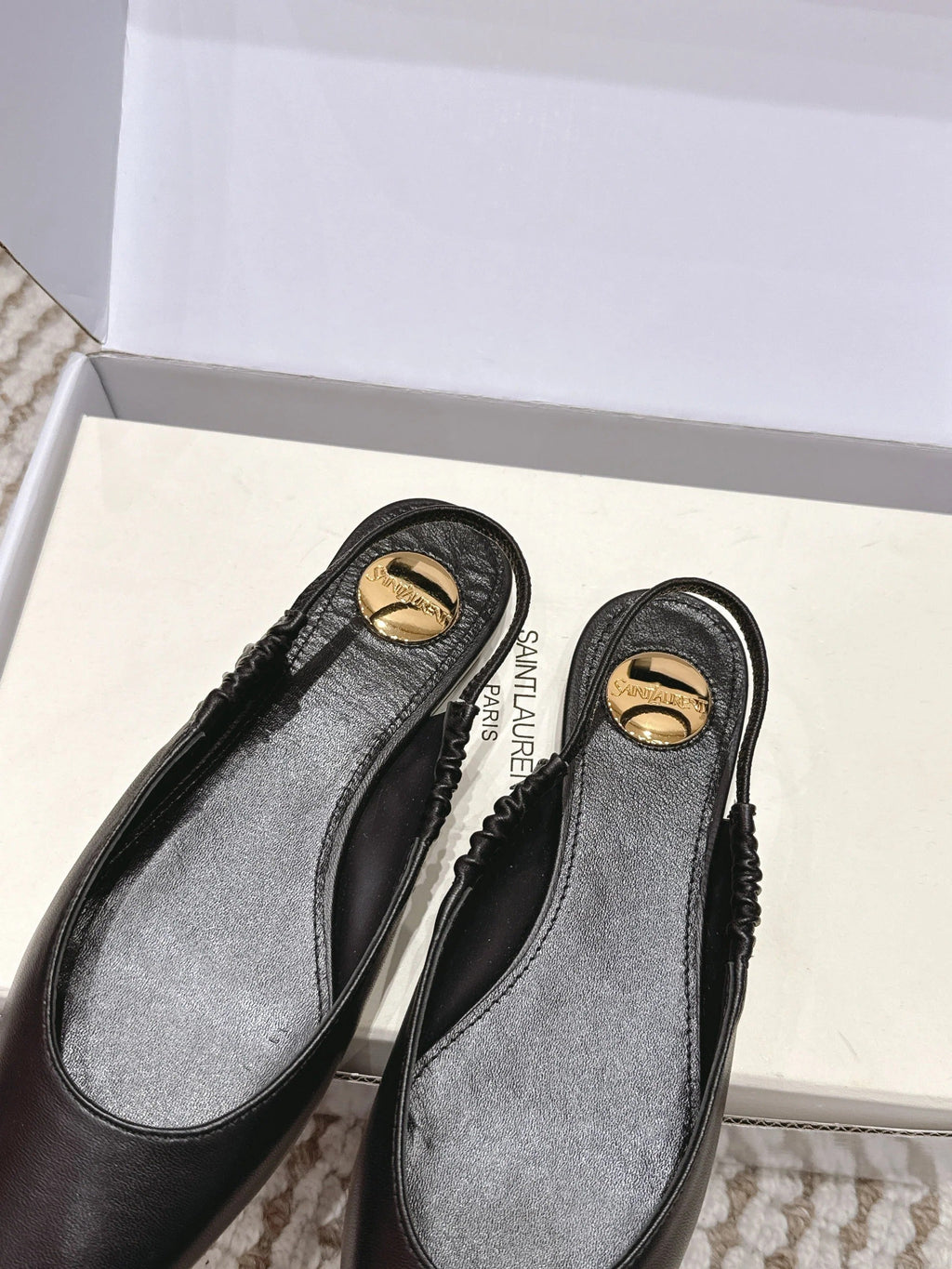 YSL 26ss Flat Slingback Black Sheepskin 654713
