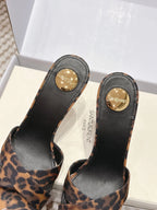 YSL 26ss High-Heeled Mules 85 Leopard Print Fabric Leather 660675