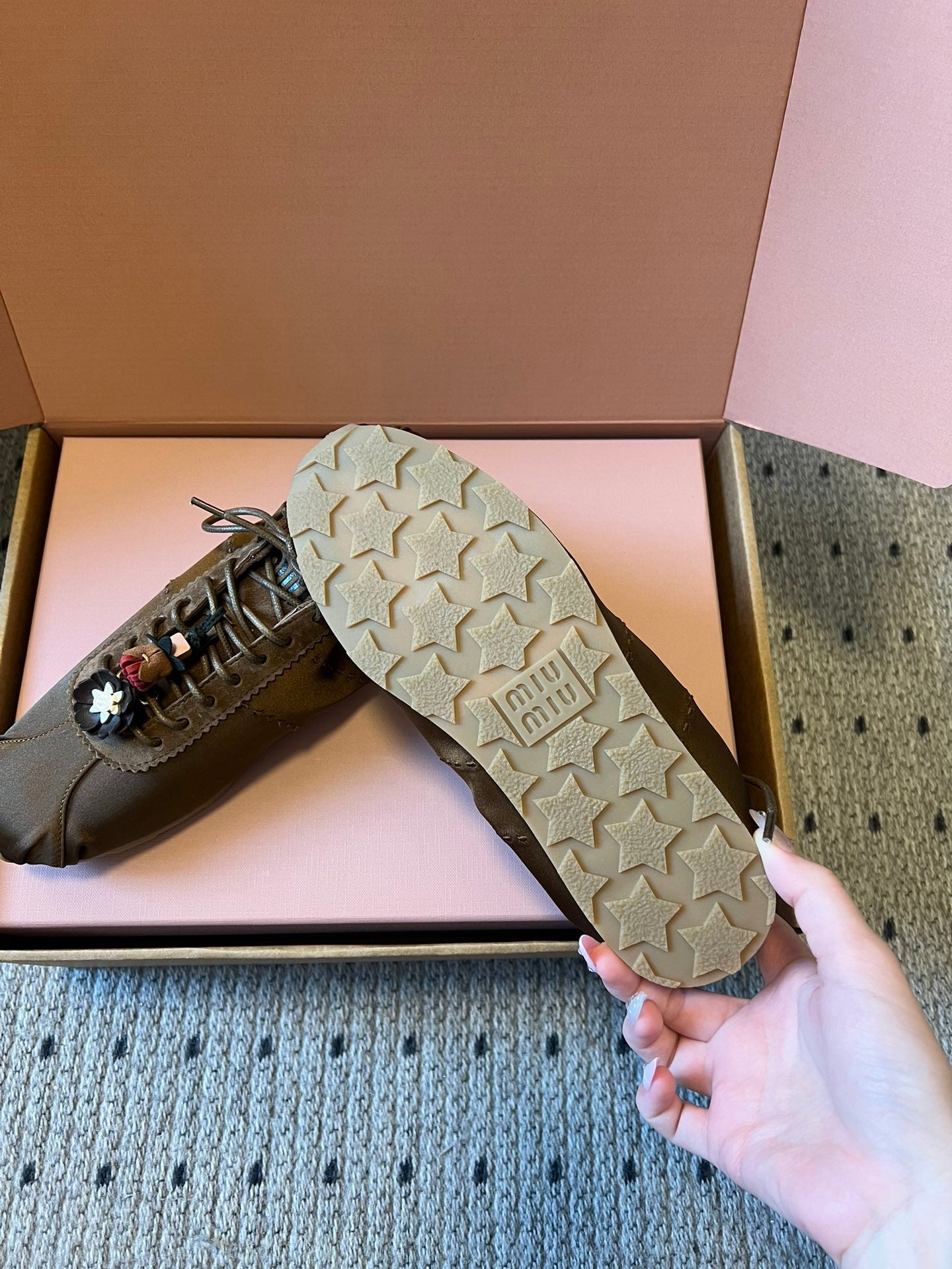Miu Miu 2026 Plume Sneaker With Floral Charm Brown Satin 621344