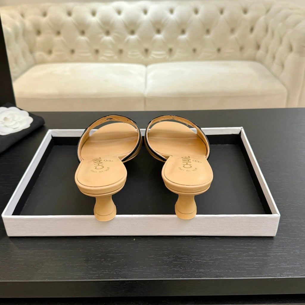 Chanel 2026 Heeled Sandal Beige Black Lambskin