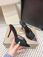 CL 26SS High-Heeled Slippers 100 Black Mesh Rhinestone Leather 658054