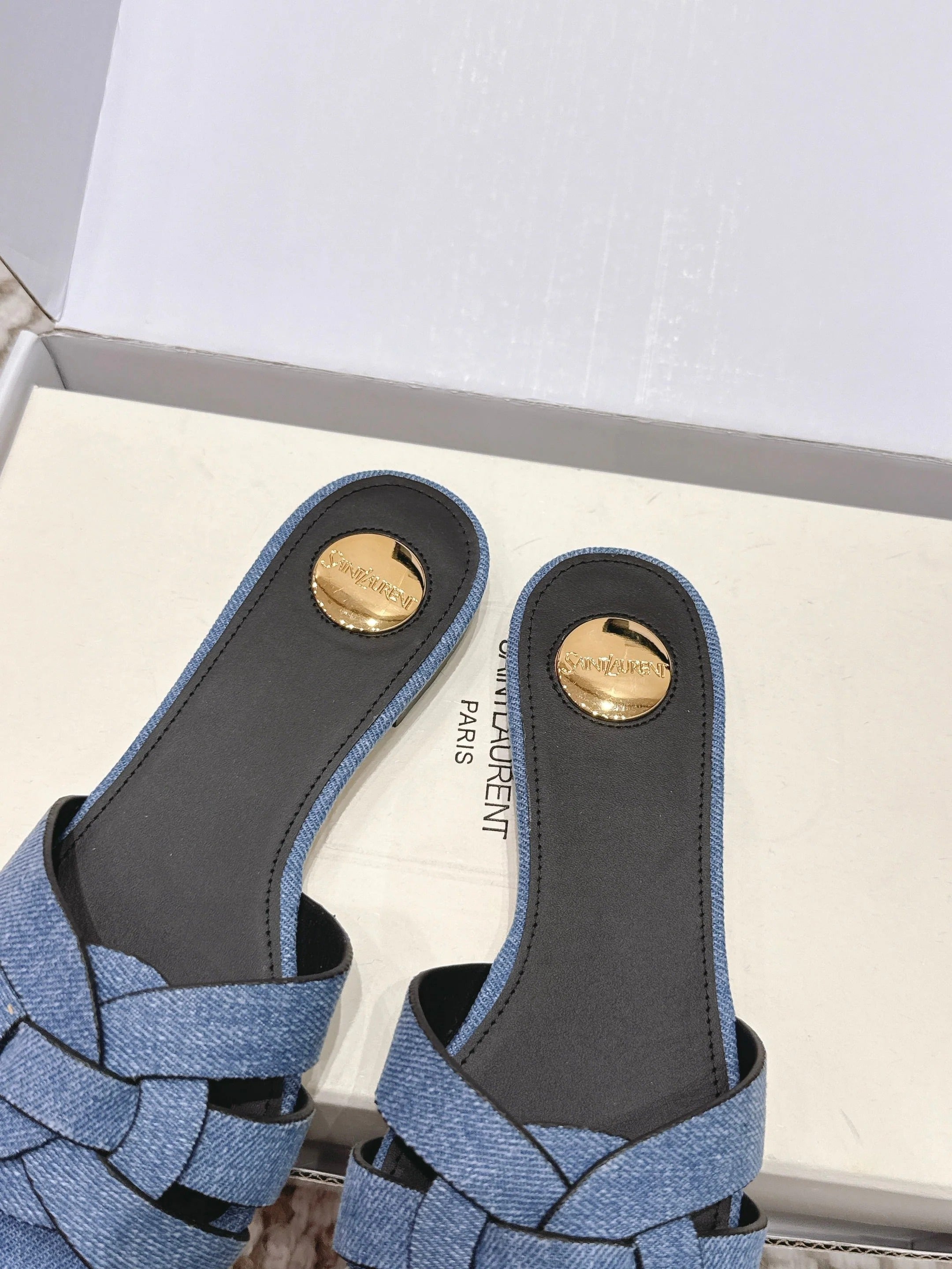 YSL 26ss Flat Slippers Blue Denim Leather 654727