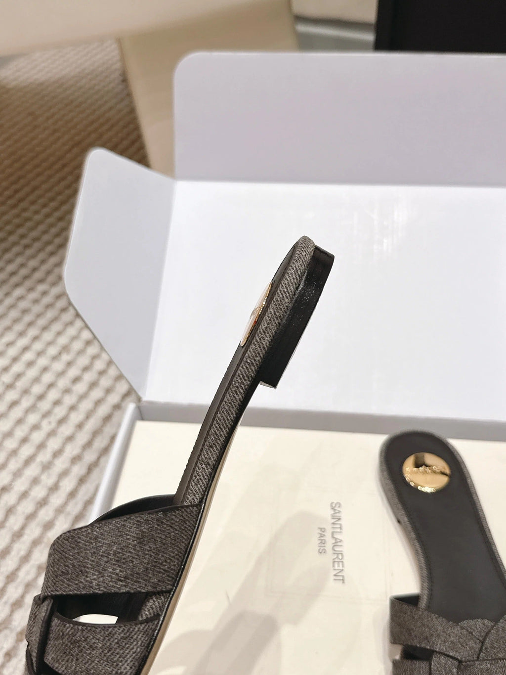 YSL 26ss Flat Slippers Dark Gray Denim Leather 654728