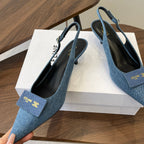 Celine 26 Pointed-Toe Slingback Blue Denim 624685