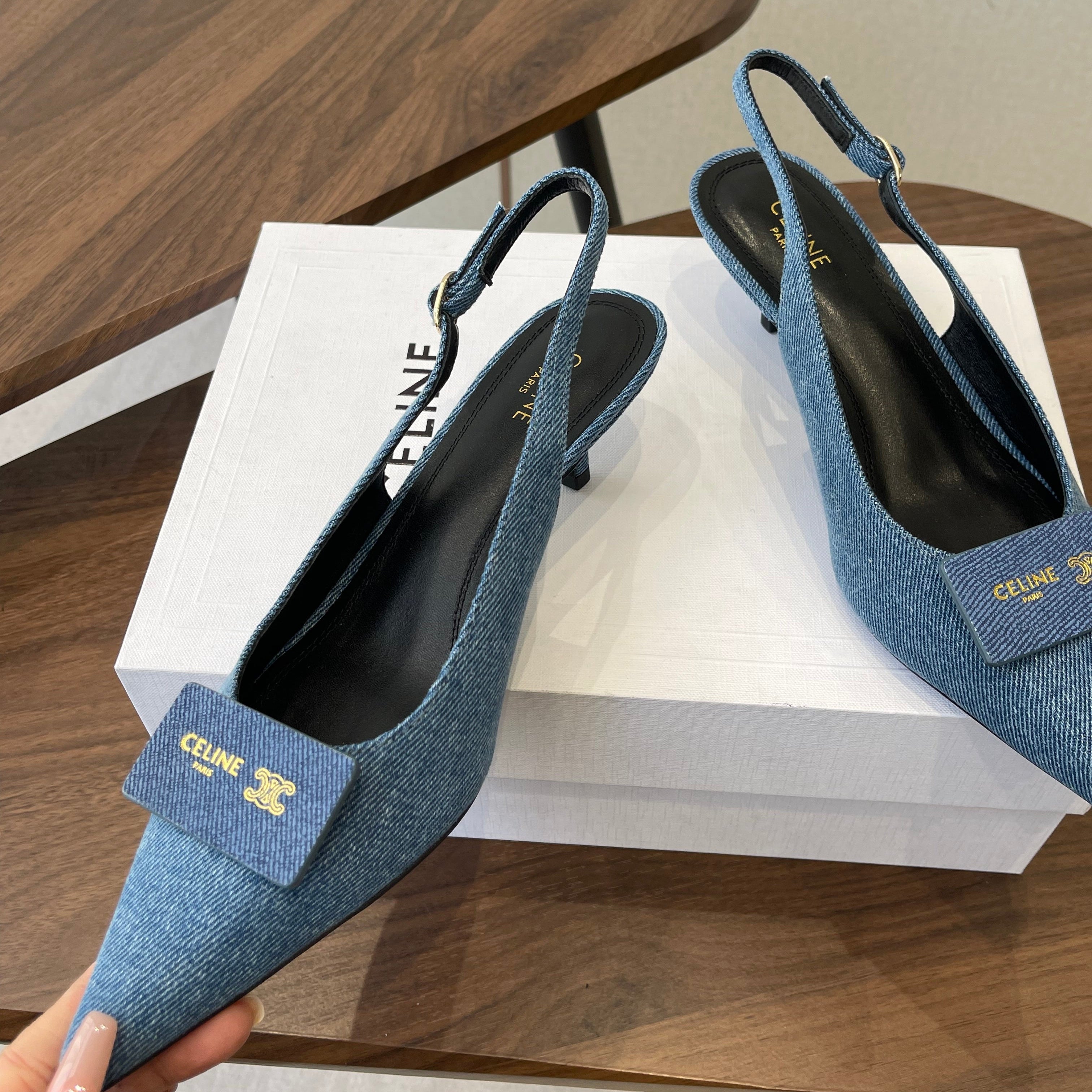 Celine 26 Pointed-Toe Slingback Blue Denim 624685
