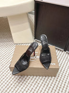 CL 26SS High-Heeled Slippers 100 Black Mesh Rhinestone Leather 658054
