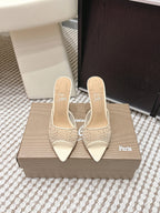 CL 26SS High-Heeled Slippers 100 Beige Mesh Rhinestone Leather 658055