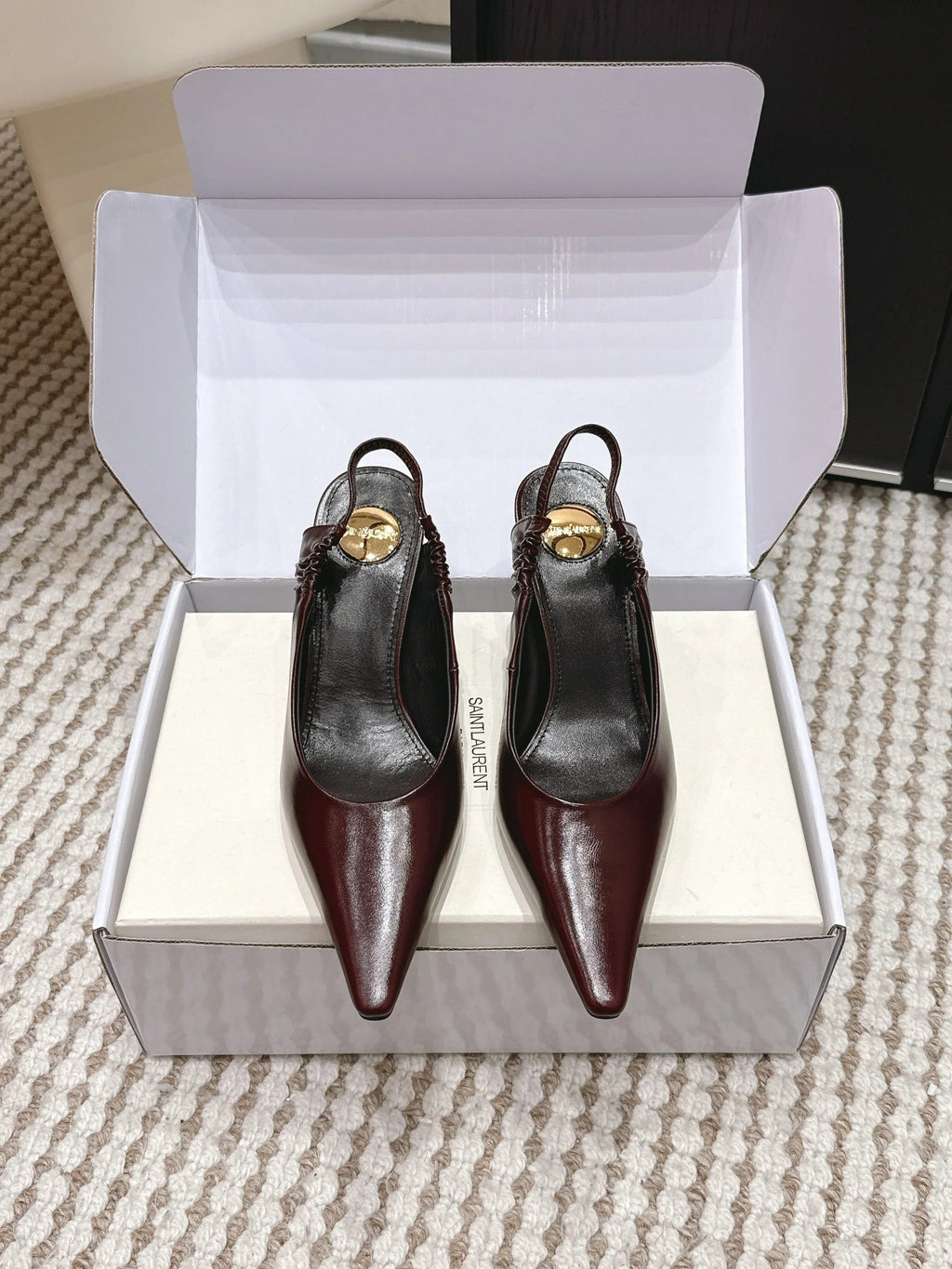 YSL 26ss Slingback 75 Burgundy Glossy Leather 654717