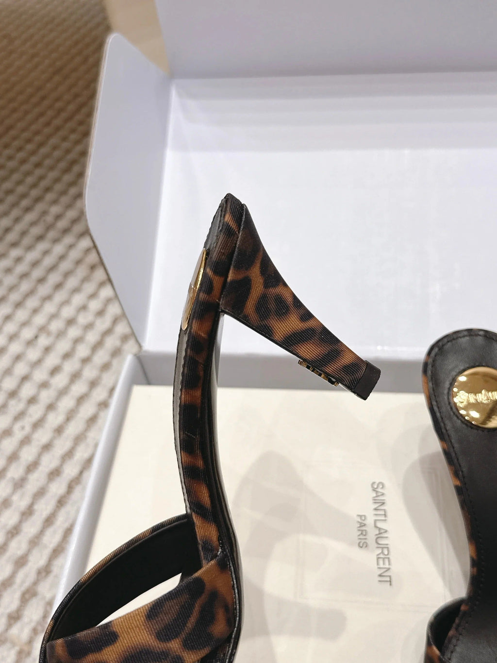 YSL 26ss High-Heeled Mules 75 Leopard Print Fabric Leather 660664