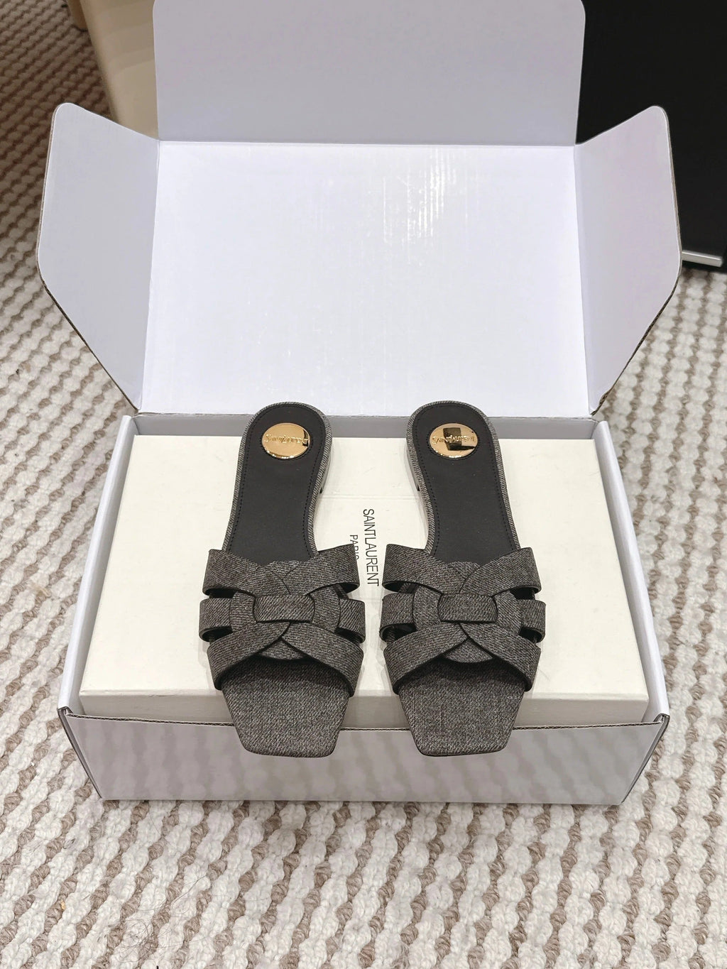 YSL 26ss Flat Slippers Dark Gray Denim Leather 654728