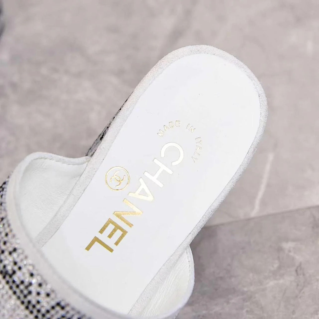CC 2026 Rhinestone Mules Block Heel And Lettered Design Leather 778400