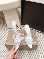 CL 26SS High-Heeled Slippers 100 White Mesh Rhinestone Leather 658052