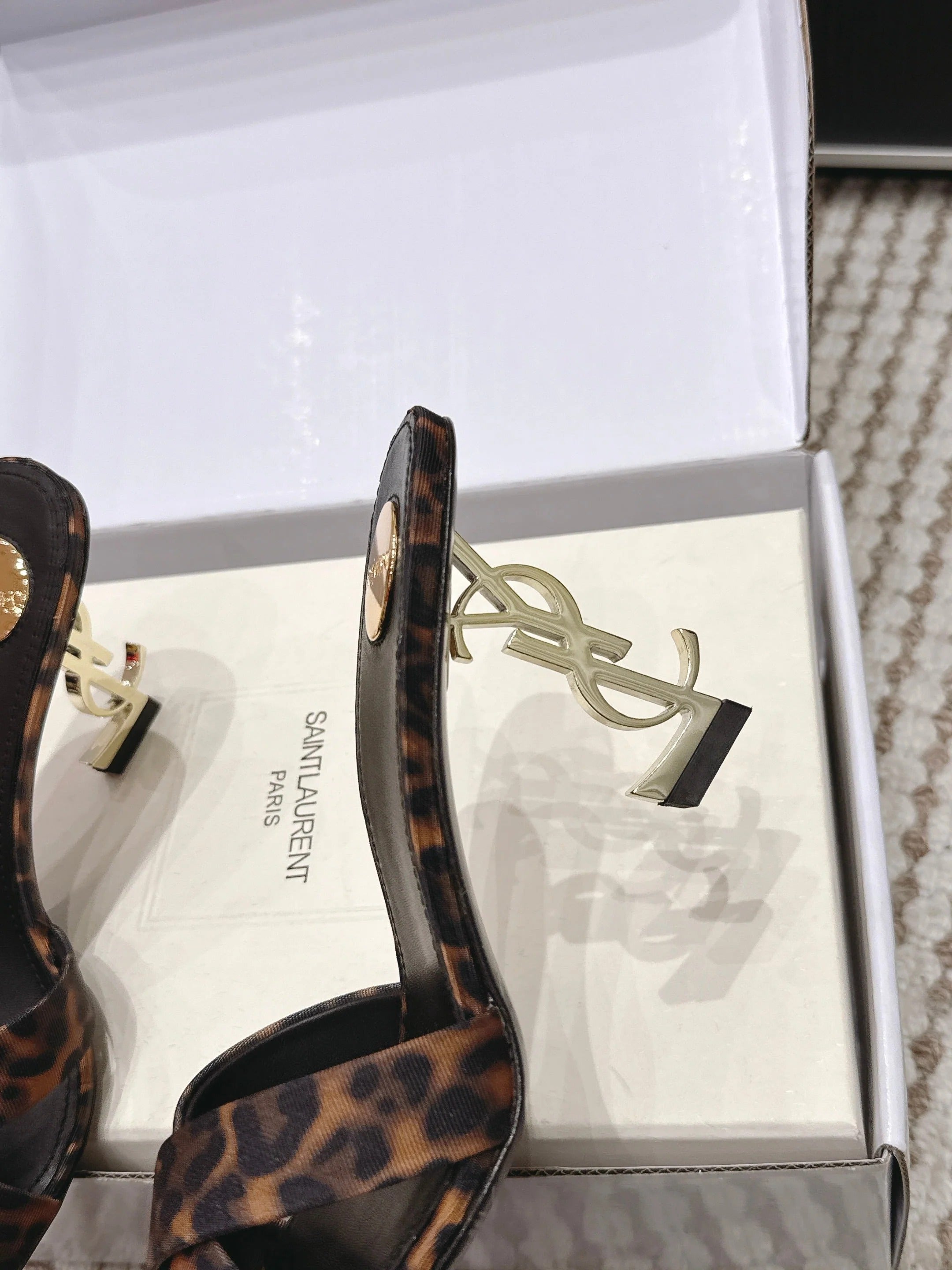 YSL 26ss High-Heeled Mules 85 Leopard Print Fabric Leather 660675