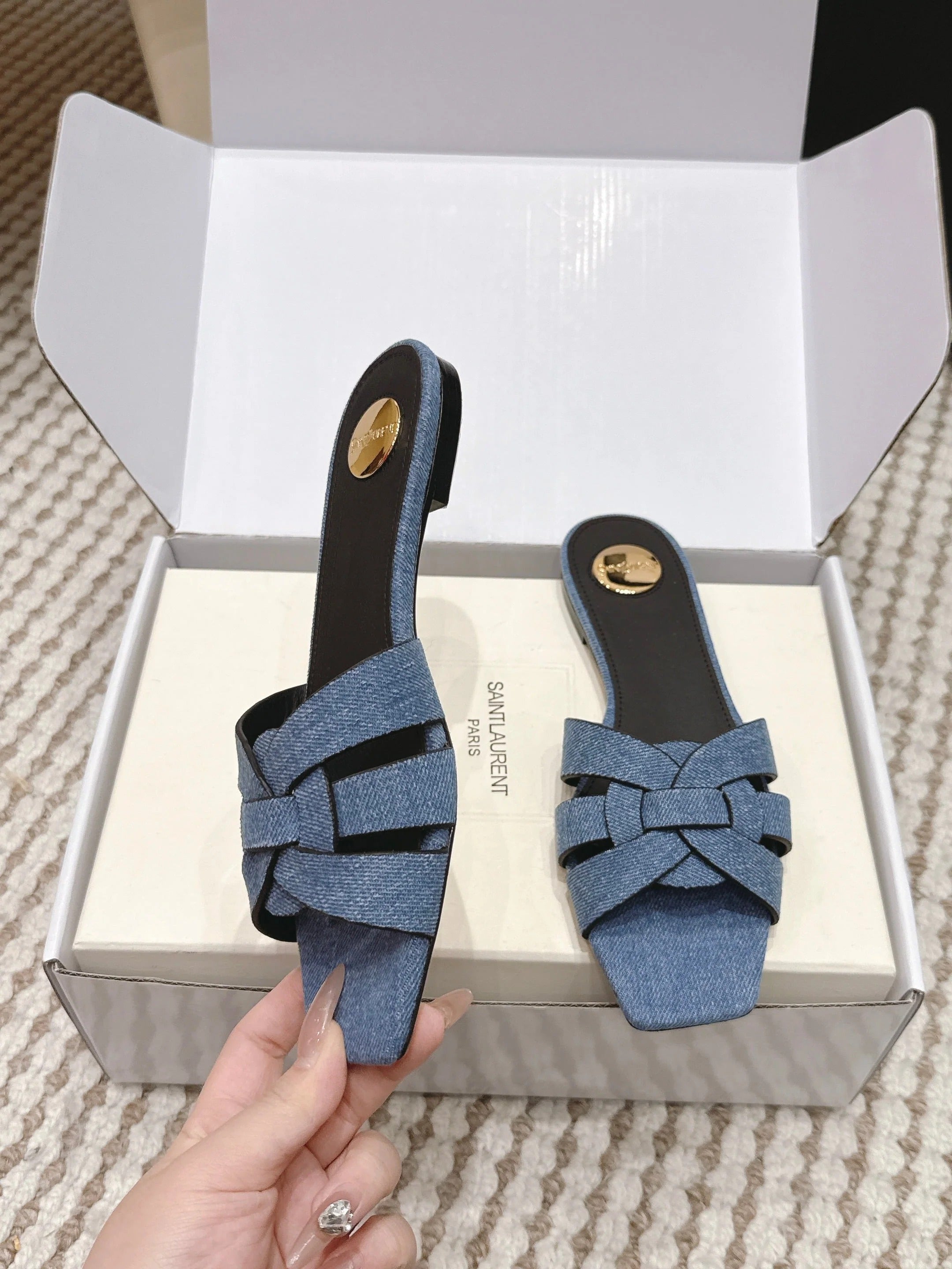 YSL 26ss Flat Slippers Blue Denim Leather 654727