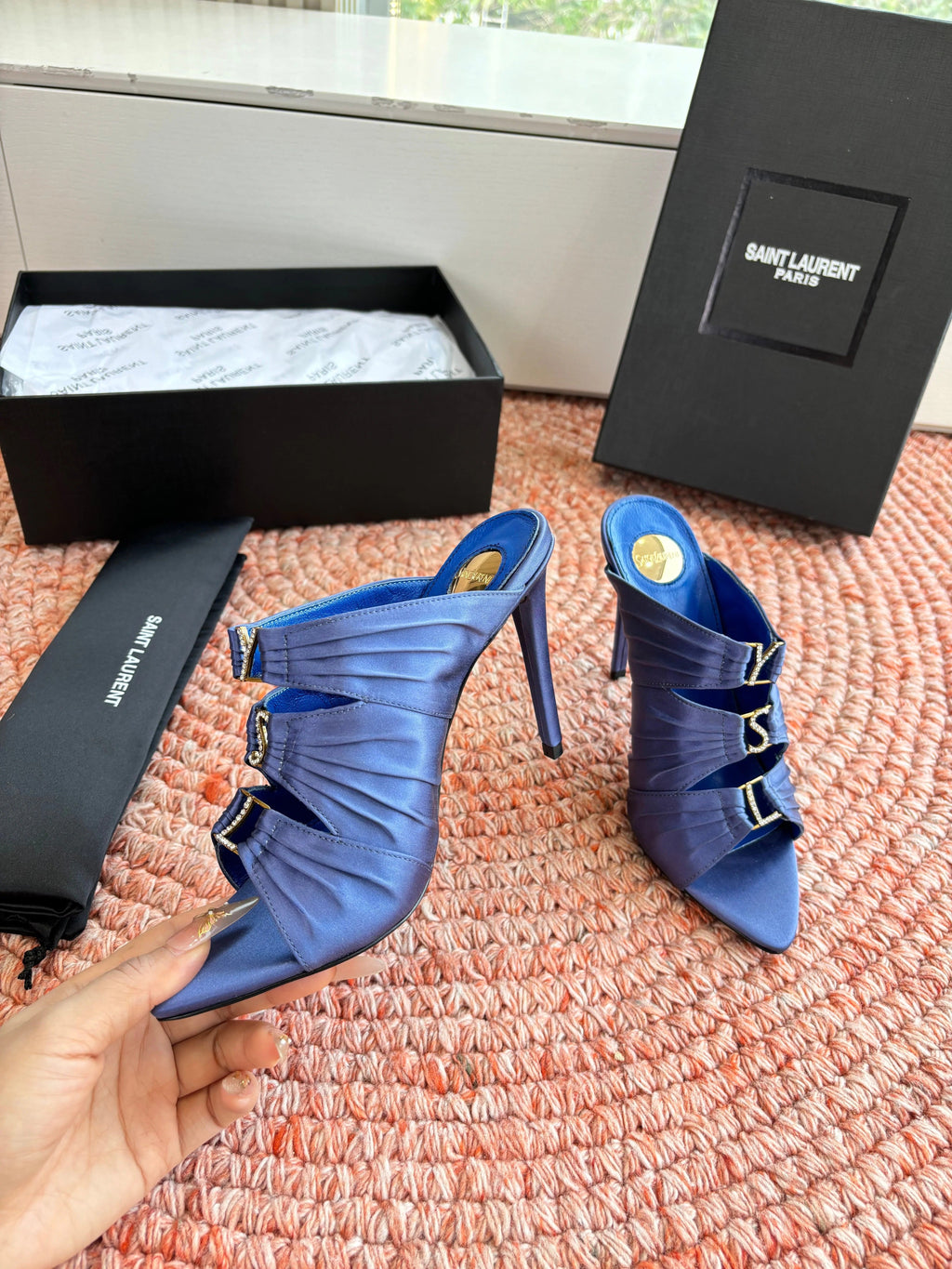 YSL 26ss Pointed High Heels Sandals 110 Blue Silk Leather 648788
