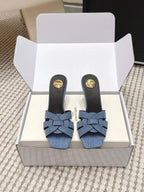YSL 26ss High-Heeled Slippers 75 Blue Black Denim Calfskin 654747