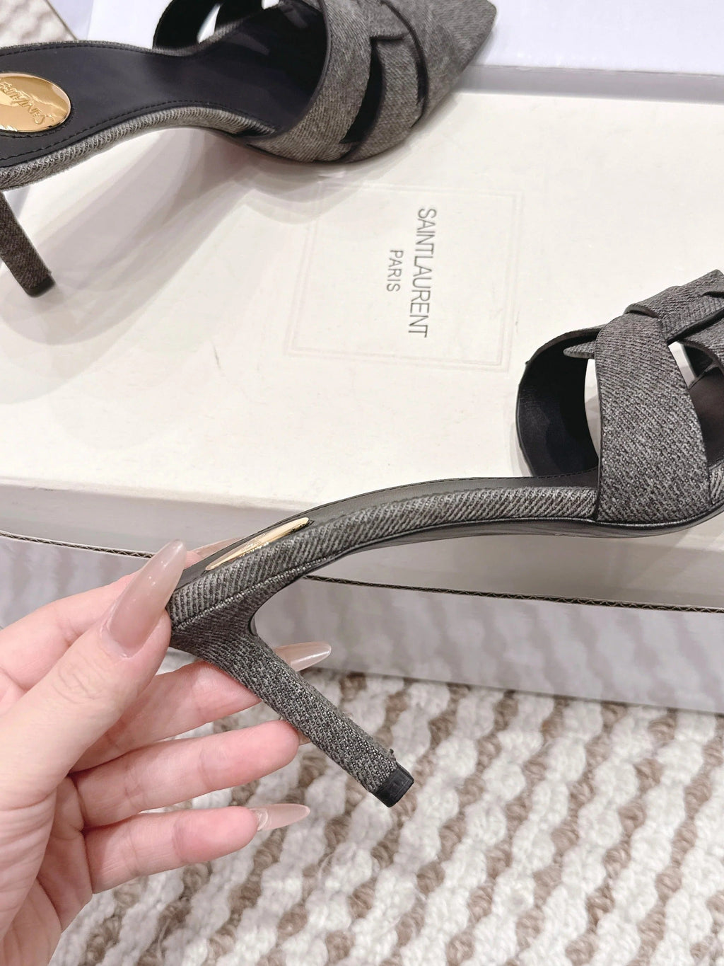 YSL 26ss High-Heeled Slippers 75 Dark Gray Canvas Calfskin 654748