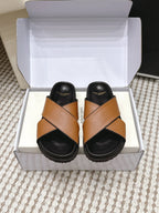 YSL 26ss Platform Slippers Camel Brown Black Sheepskin 663212