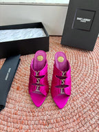 YSL 26ss Pointed High Heels Sandals 110 Fuchsia Pink Silk Leather 648786