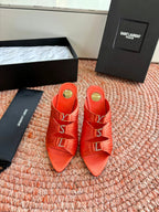 YSL 26ss Pointed High Heels Sandals 110 Orange Silk Leather 648789