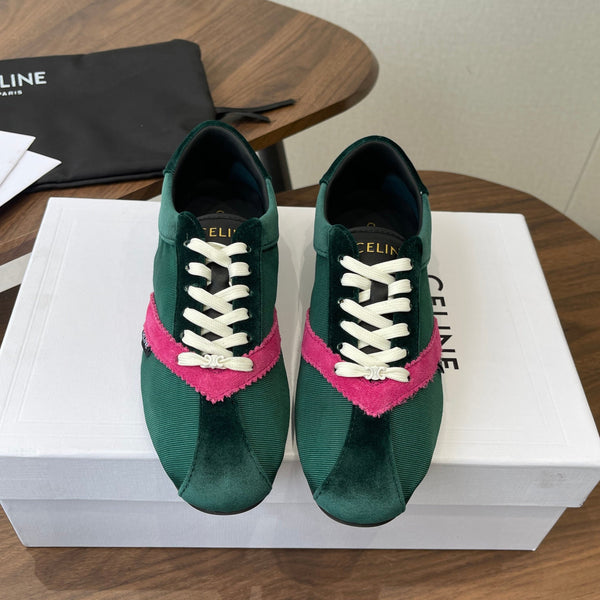Celine 26 Flat Sneaker Dark Green Pink Canvas Suede 624715