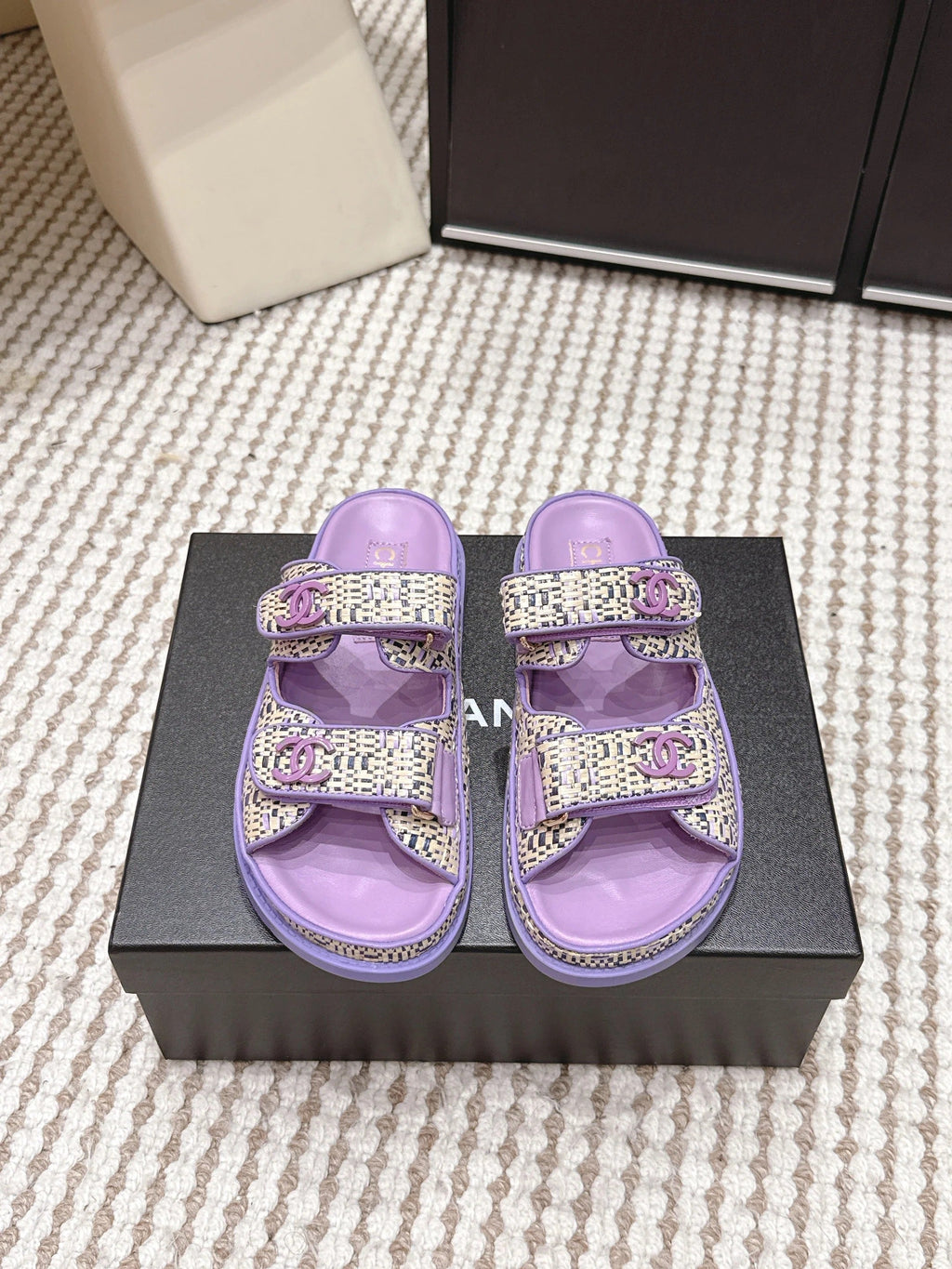 CC 26s Sandals Purple Beige Leather Raffia 632395