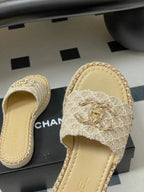 CC 26s Flat Slippers Beige Gold Fabric Sheepskin 649484