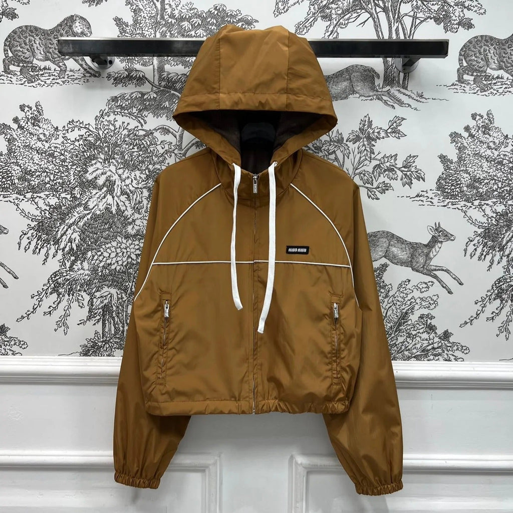 MIU 25S HOODED JACKET BROWN IN NYLON 263023