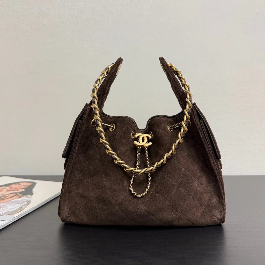 CHANEL 25S HOBO BAG 40 CM IN DARK BROWN SUEDE WITH GOLD HARDWARE