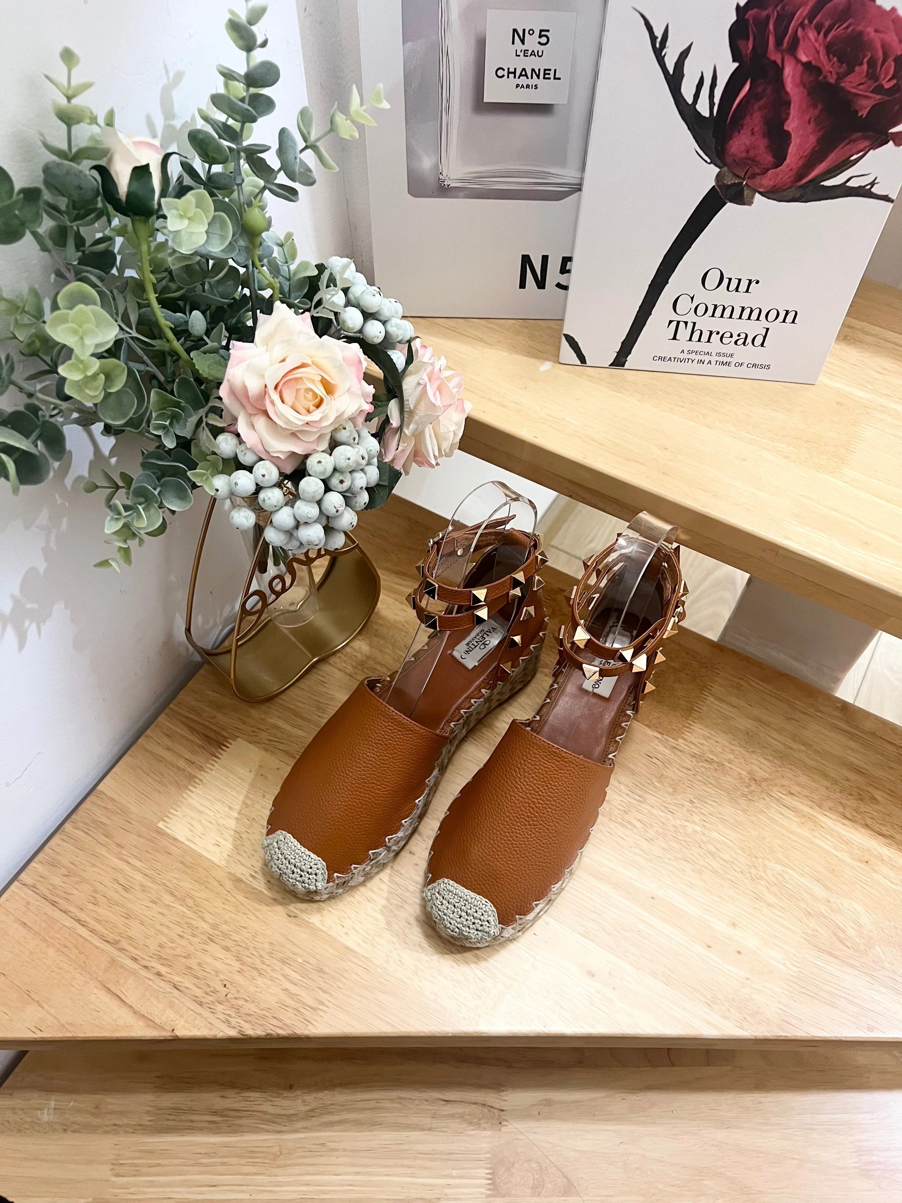 BRONZE BROWN LEATHER ROCKSTUD ESPADRILLES ANKLE STRAP FLATS