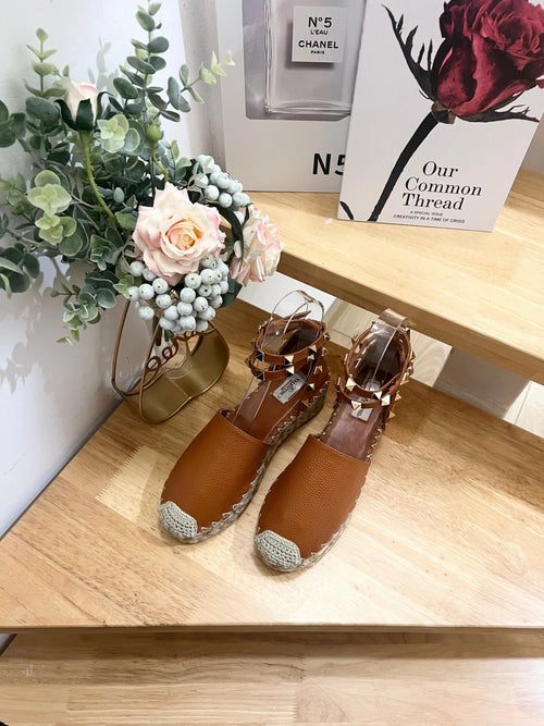 BRONZE BROWN LEATHER ROCKSTUD ESPADRILLES ANKLE STRAP FLATS
