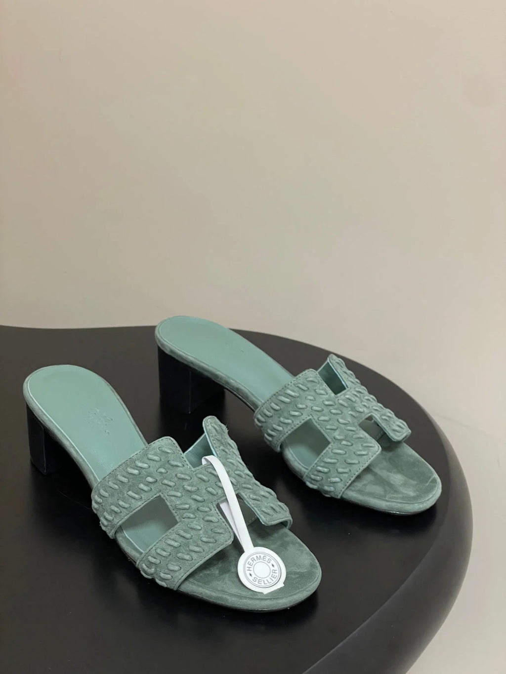 HM 25S ORAN HIGH?HEEL SANDAL IN MUTED MINT GREEN SUEDE AND LAMBSKIN