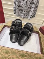 SANDALS IN BLACK SUEDE EMBOSSED LOGO SILVER HARDWARE
