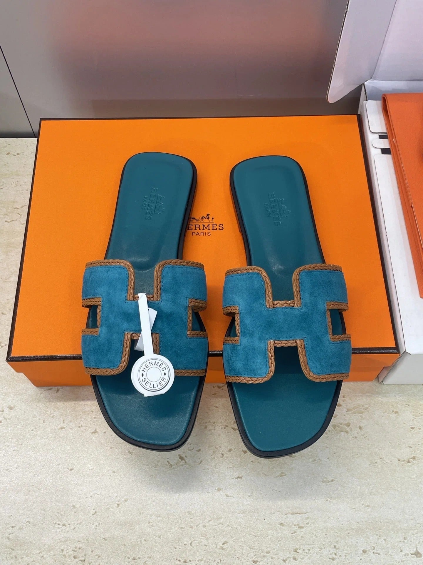 HM 26ss Oran Sandals Teal Blue Suede Calfskin 607249