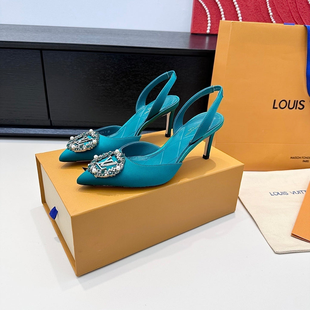 LV 26s Slingback 75 Teal Blue Premium Satin 622440