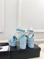 CC 26s HighHeeled Platform Sandals 85 Light Blue Tweed 631865