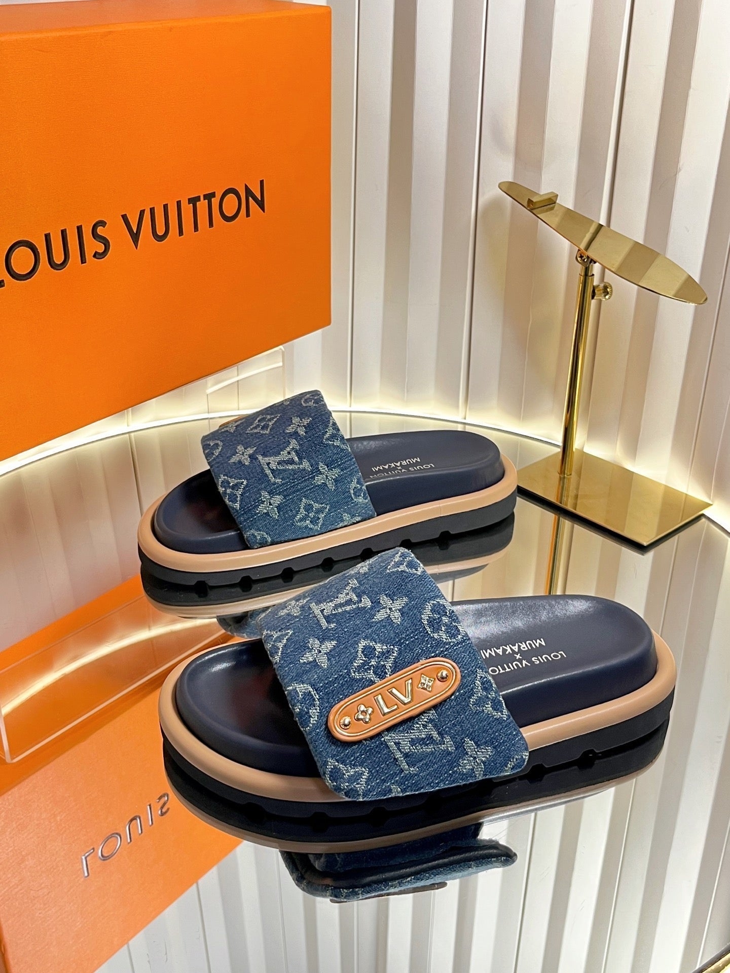 LV 26s Slippers Dark Blue Denim Sheepskin 616358