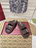 SANDALS IN NAVY BROWN SUEDE EMBOSSED LOGO SILVER HARDWARE