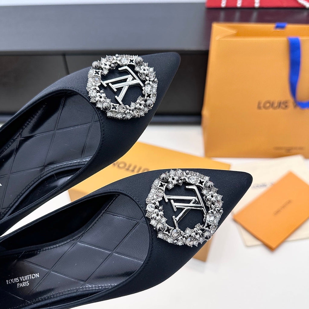 LV 26s Pointed-Toe Ballet Flat Black Premium Satin 622454