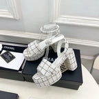 CC 26s HighHeeled Platform Sandals 85 White Black Tweed 631864