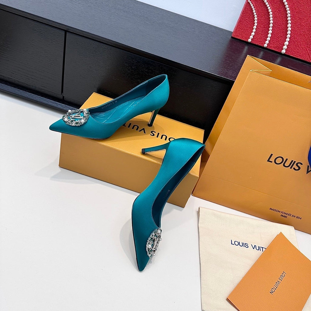 LV 26s Pointed-Toe High Heels 75 Teal Blue Premium Satin 622438
