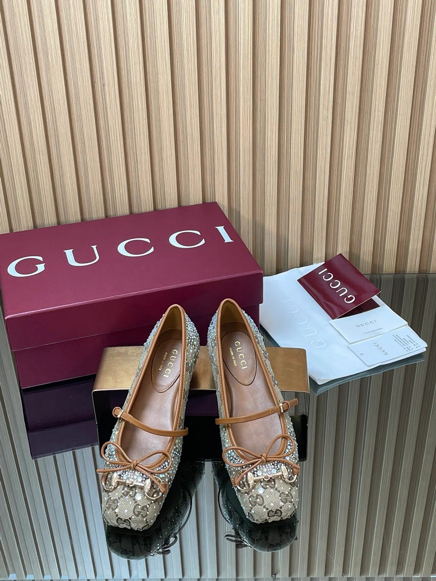 Gucci 2026 Crystal Rhinestone Ballet Flat Beige Brown Canvas Leather 562909