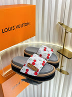 LV 26s Slippers White Gray Red Fabric Sheepskin 616353