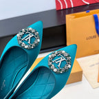 LV 26s Pointed-Toe Ballet Flat Teal Blue Premium Satin 622437