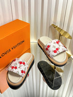 LV 26s Slippers White Beige Red Fabric Sheepskin 616352