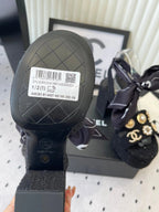 CC 26s Platform Sandals 75 Black Tweed Mixed Gold Charm 650088