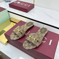 GG SLIDES IN DARK BEIGE WITH GOLD HARDWARE